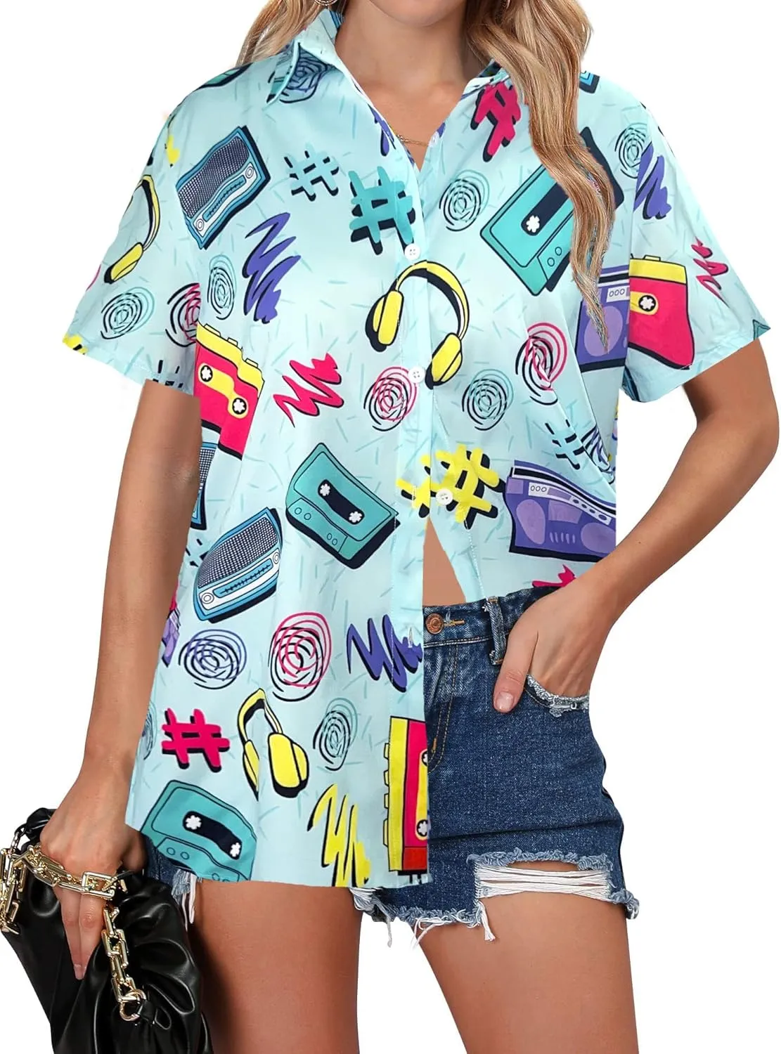 80s 90s Outfits for Women Retro Theme Party Button Up T-Shirt Neon Short Sleeve Blouse Tops