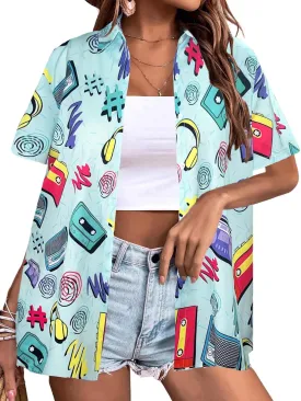 80s 90s Outfits for Women Retro Theme Party Button Up T-Shirt Neon Short Sleeve Blouse Tops