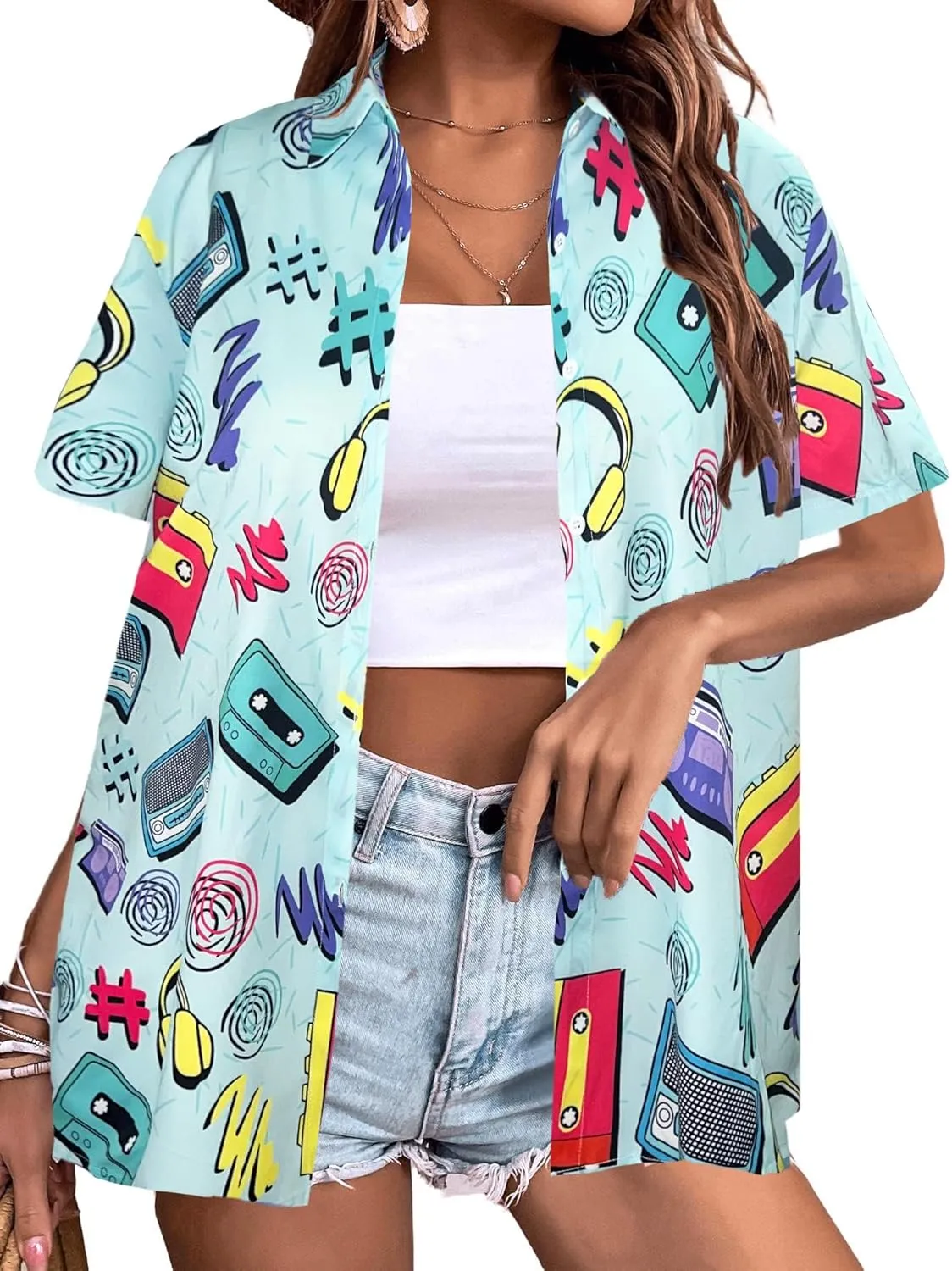 80s 90s Outfits for Women Retro Theme Party Button Up T-Shirt Neon Short Sleeve Blouse Tops