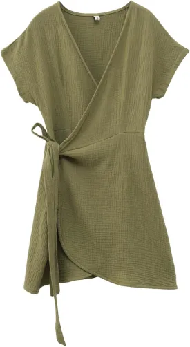 Amazhiyu Womens Cotton Gauze Summer Casual Short Sleeve V Neck Wrap Mini Dress