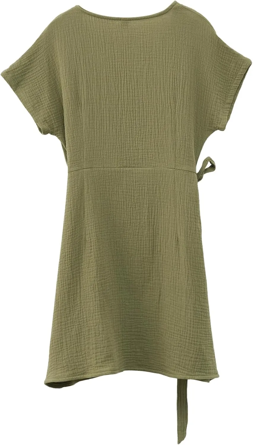 Amazhiyu Womens Cotton Gauze Summer Casual Short Sleeve V Neck Wrap Mini Dress