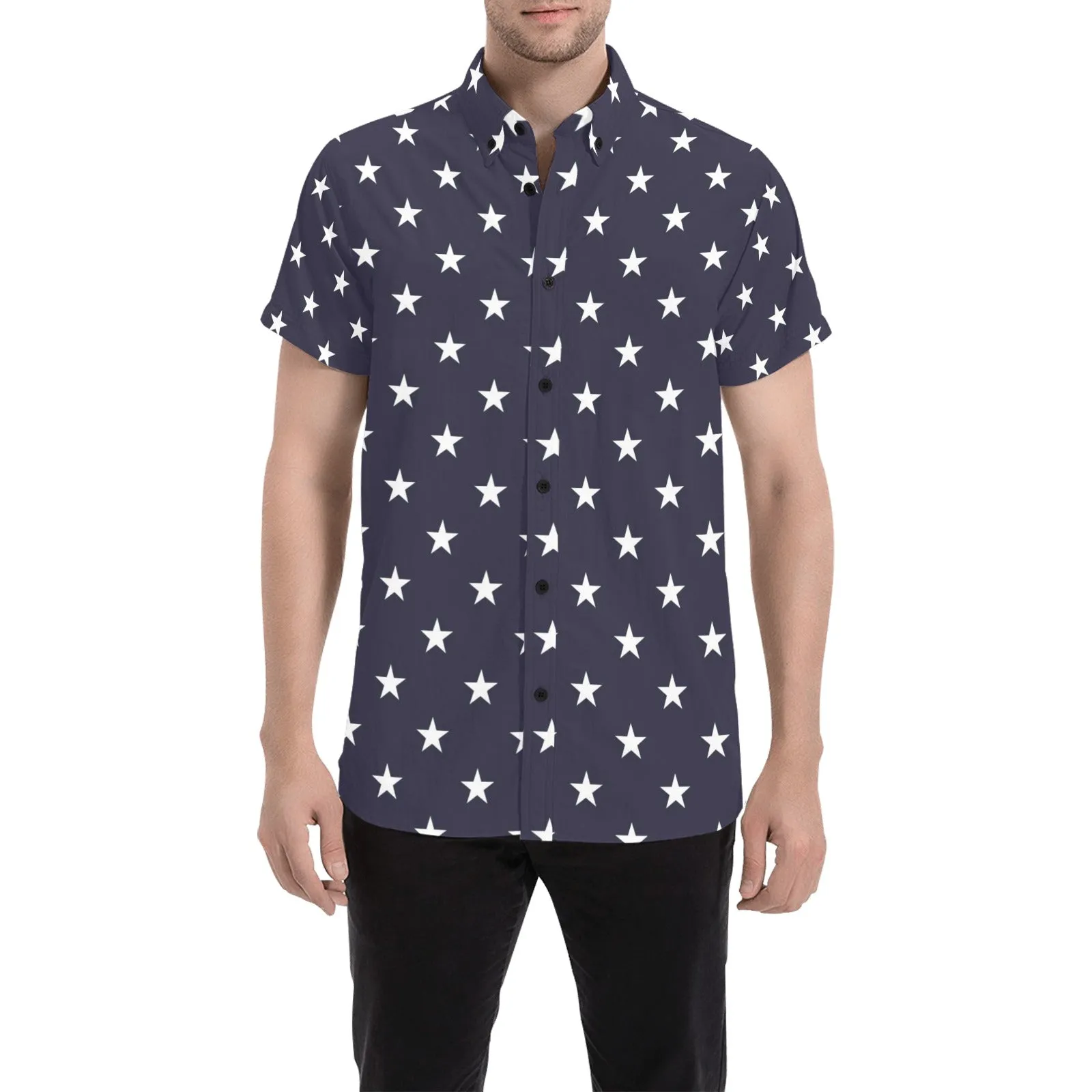 American Stars Button Down Shirt Men, Blue White USA Patriotic Print Short Sleeve Male Button Up Casual Buttoned Down Summer Plus Size Dress