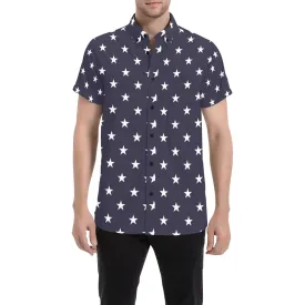 American Stars Button Down Shirt Men, Blue White USA Patriotic Print Short Sleeve Male Button Up Casual Buttoned Down Summer Plus Size Dress