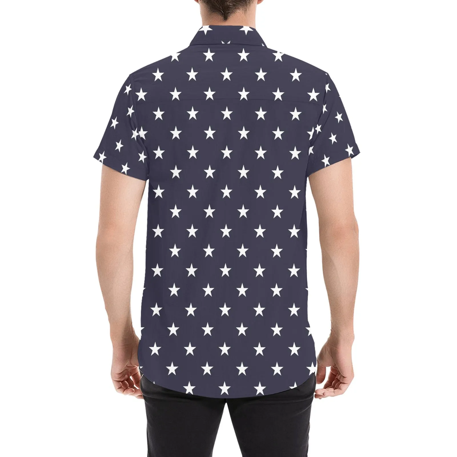 American Stars Button Down Shirt Men, Blue White USA Patriotic Print Short Sleeve Male Button Up Casual Buttoned Down Summer Plus Size Dress