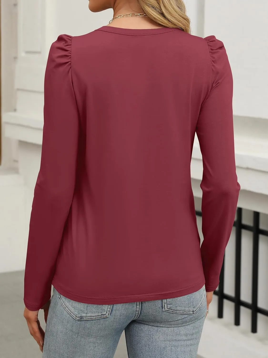 ANRABESS Womens Puff Long Sleeve Shirts Crewneck Fall Tops Basic Dressy Casual Blouses 2024 Trendy Outfits