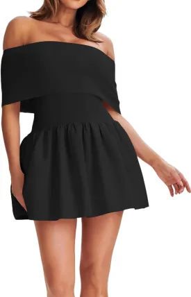 Atizon Women's Summer Off The Shoulder Mini Dress Casual Short Sleeve Trendy Cocktail Party A Line Dresses