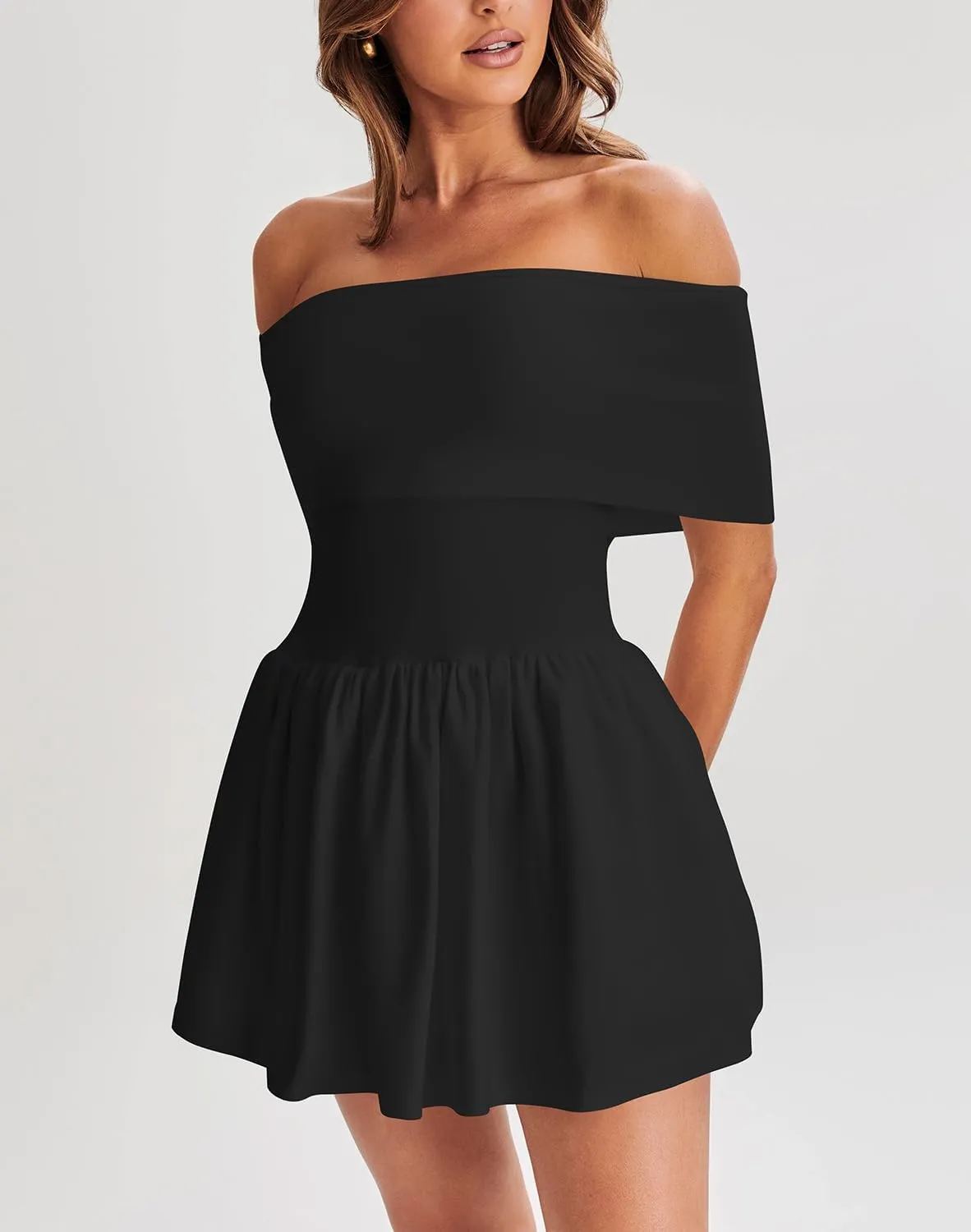 Atizon Women's Summer Off The Shoulder Mini Dress Casual Short Sleeve Trendy Cocktail Party A Line Dresses