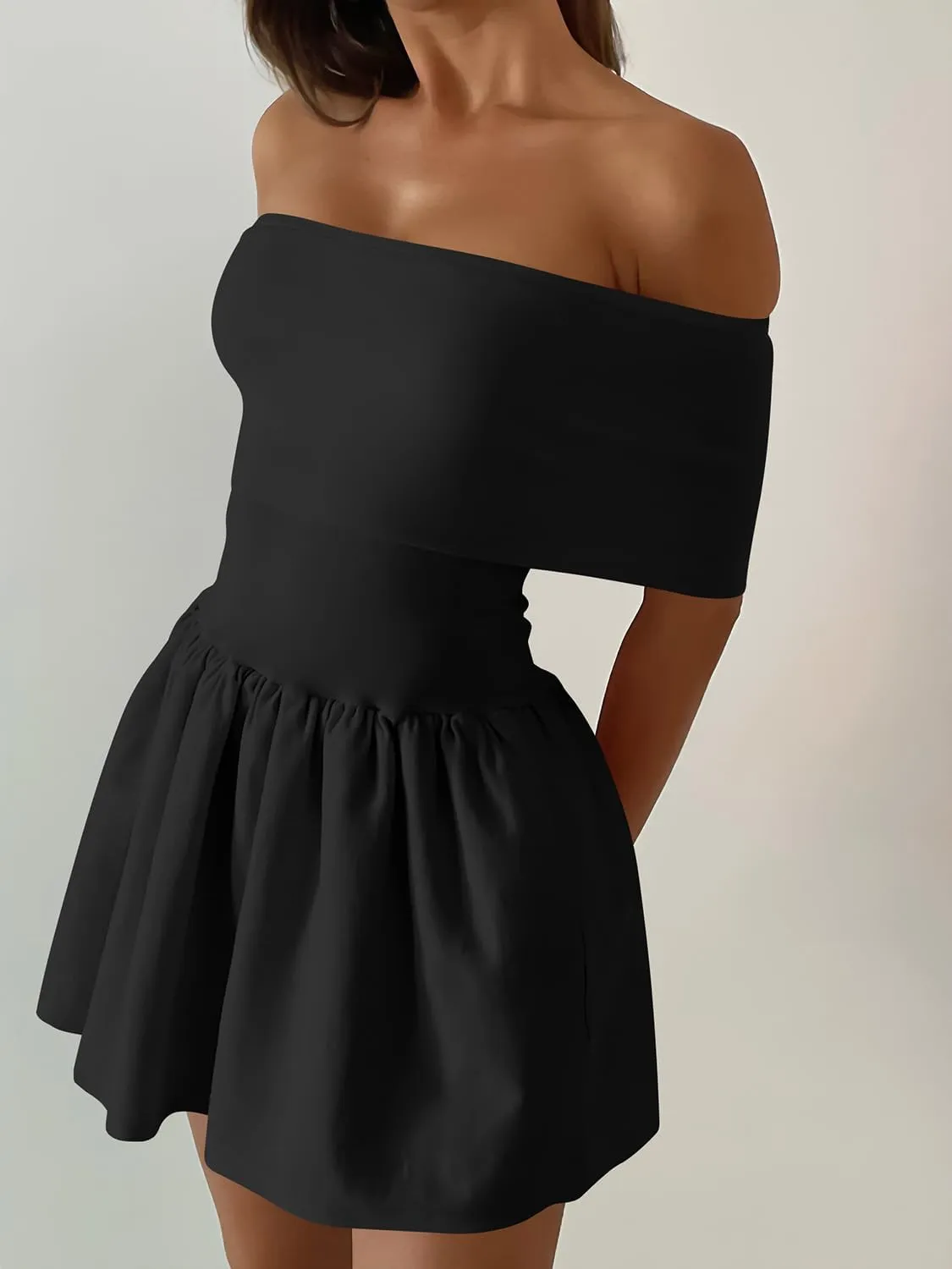 Atizon Women's Summer Off The Shoulder Mini Dress Casual Short Sleeve Trendy Cocktail Party A Line Dresses