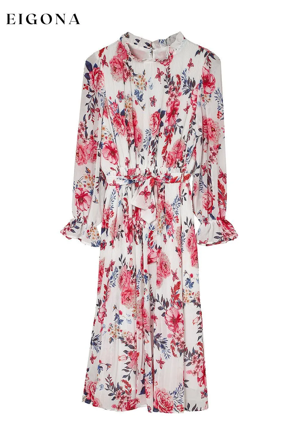 Beige Floral Print Puffy Sleeve Ruffled Midi Dress