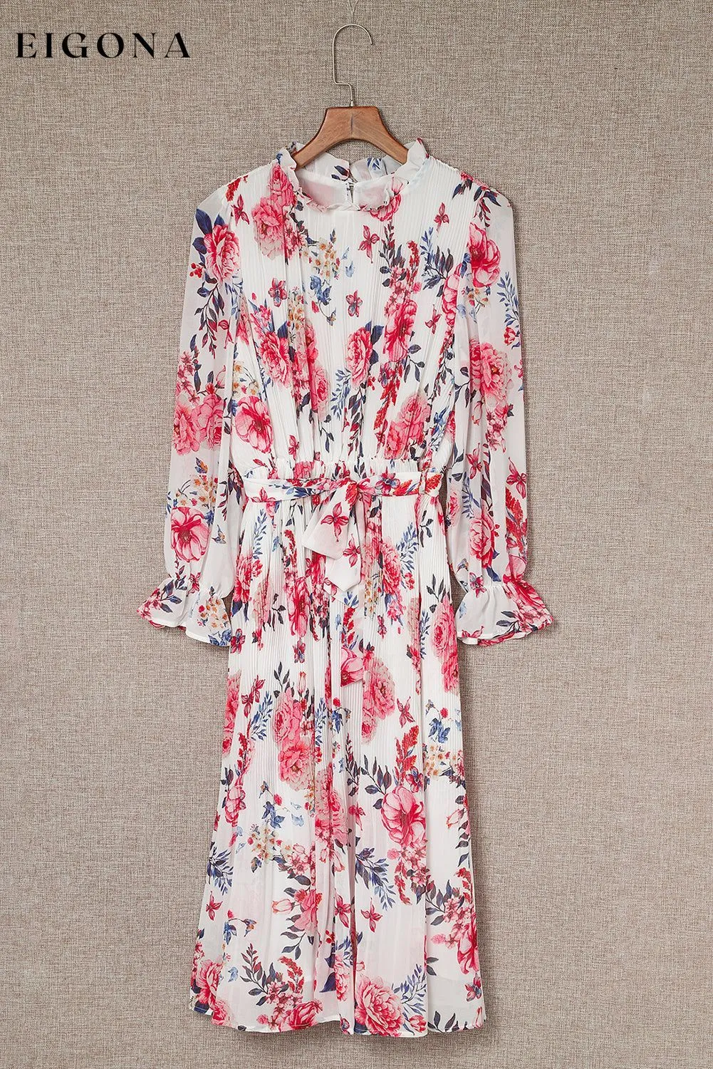 Beige Floral Print Puffy Sleeve Ruffled Midi Dress