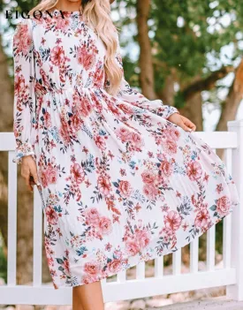 Beige Floral Print Puffy Sleeve Ruffled Midi Dress