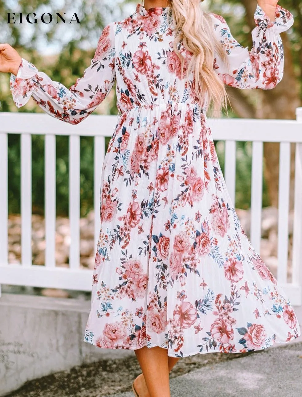 Beige Floral Print Puffy Sleeve Ruffled Midi Dress