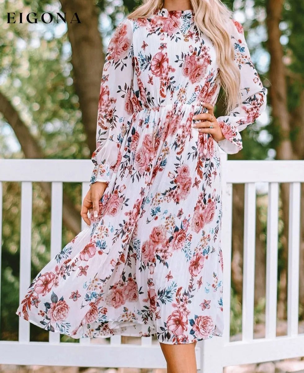 Beige Floral Print Puffy Sleeve Ruffled Midi Dress