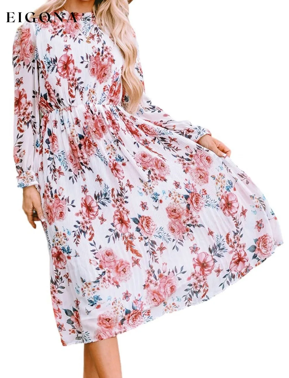 Beige Floral Print Puffy Sleeve Ruffled Midi Dress