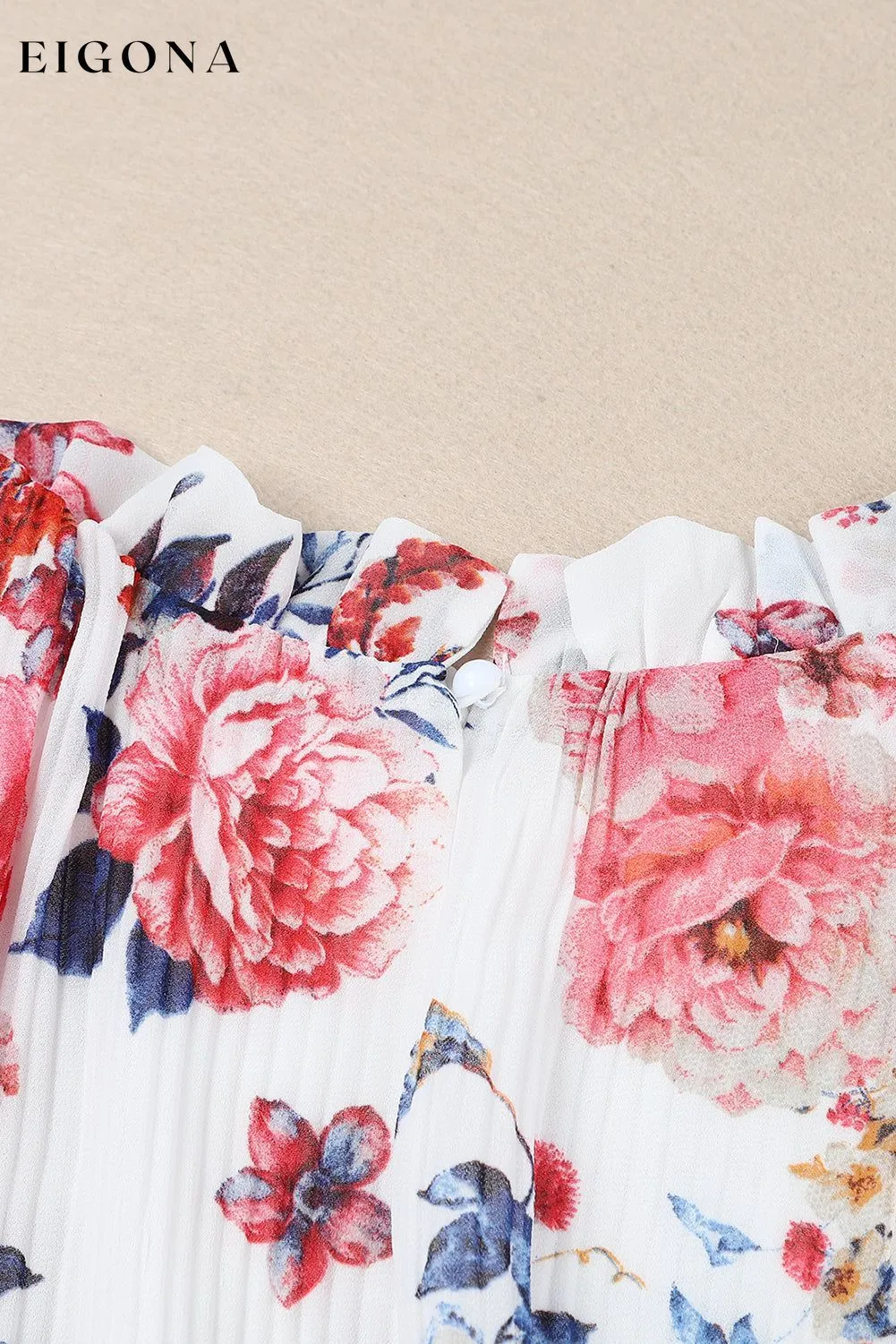 Beige Floral Print Puffy Sleeve Ruffled Midi Dress