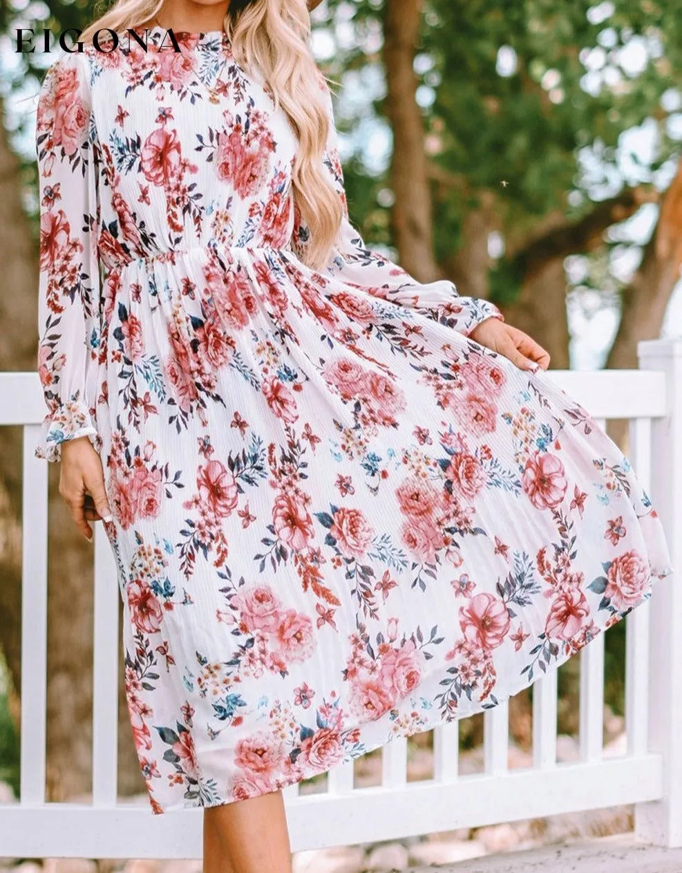 Beige Floral Print Puffy Sleeve Ruffled Midi Dress