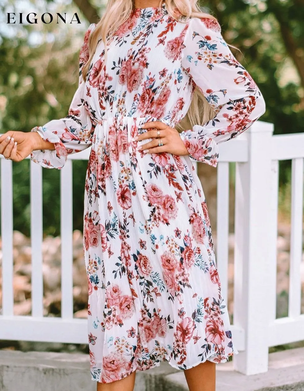 Beige Floral Print Puffy Sleeve Ruffled Midi Dress
