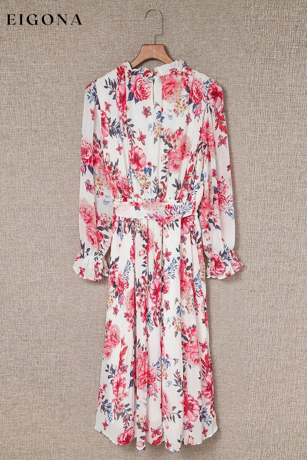 Beige Floral Print Puffy Sleeve Ruffled Midi Dress
