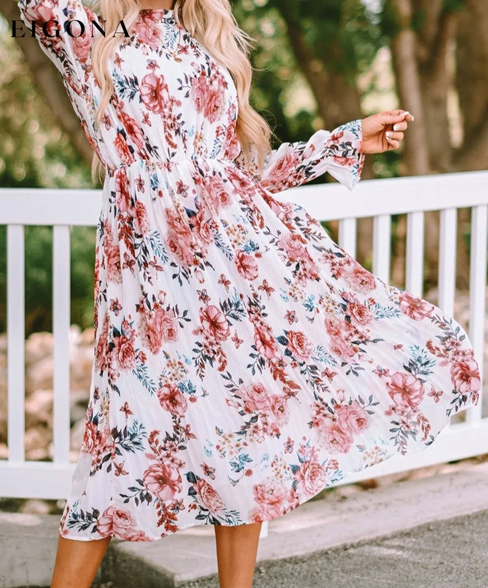 Beige Floral Print Puffy Sleeve Ruffled Midi Dress
