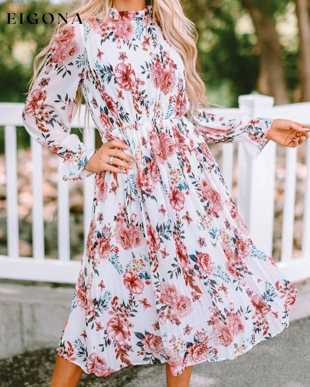 Beige Floral Print Puffy Sleeve Ruffled Midi Dress
