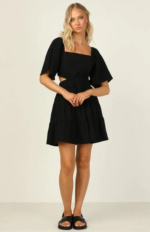Bohemian Chic Mini Dress with Lantern Sleeves and Square Neckline for Women