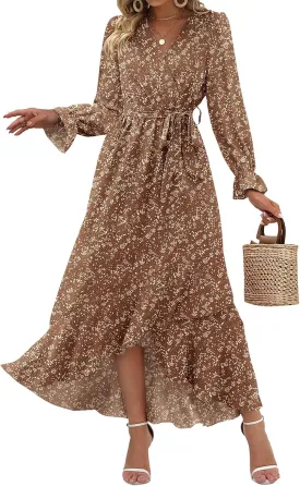 BTFBM Women Long Sleeve Dresses Spring Summer Clothes 2025 V Neck Floral High Waist Ruffle Boho Wedding Guest Dress