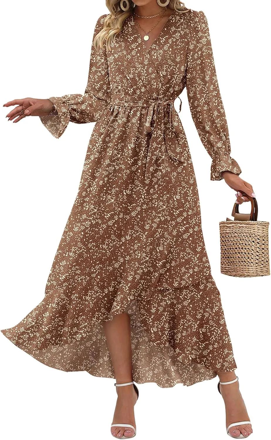 BTFBM Women Long Sleeve Dresses Spring Summer Clothes 2025 V Neck Floral High Waist Ruffle Boho Wedding Guest Dress