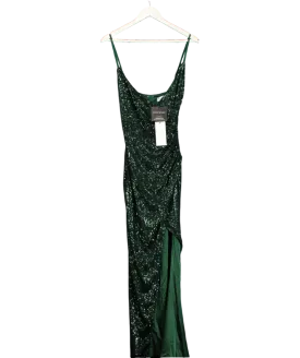 Club L Liora | Bottle Green Sequin Wrap Front Maxi Dress UK 10