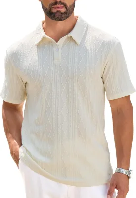 COZYPOIN Mens Knit Polo Shirts Short Sleeve Cuban Geometric Textured Pullover Casual Regular Fit Stretchy Golf T Shirt