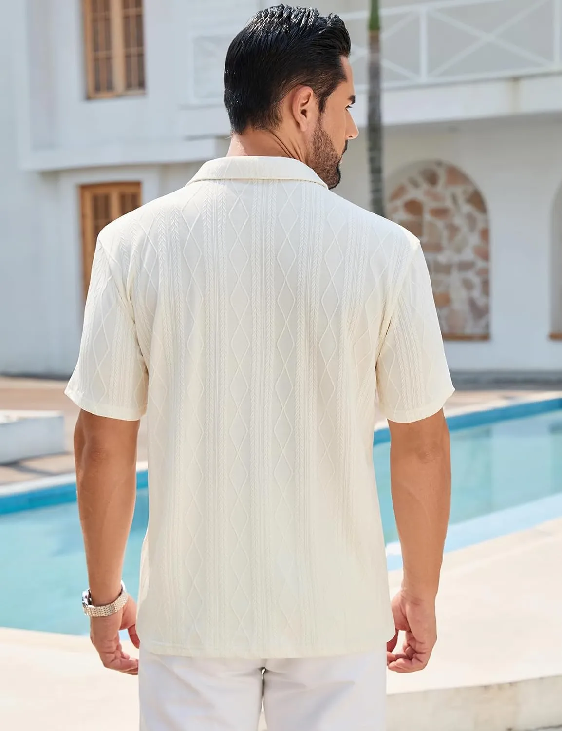 COZYPOIN Mens Knit Polo Shirts Short Sleeve Cuban Geometric Textured Pullover Casual Regular Fit Stretchy Golf T Shirt