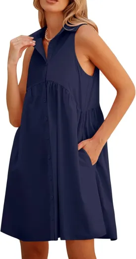 DEEP SELF Women Summer Collared Shirt Dress Casual Loose Button Down Short Dress V Neck Tunic Mini Dress with Pockets