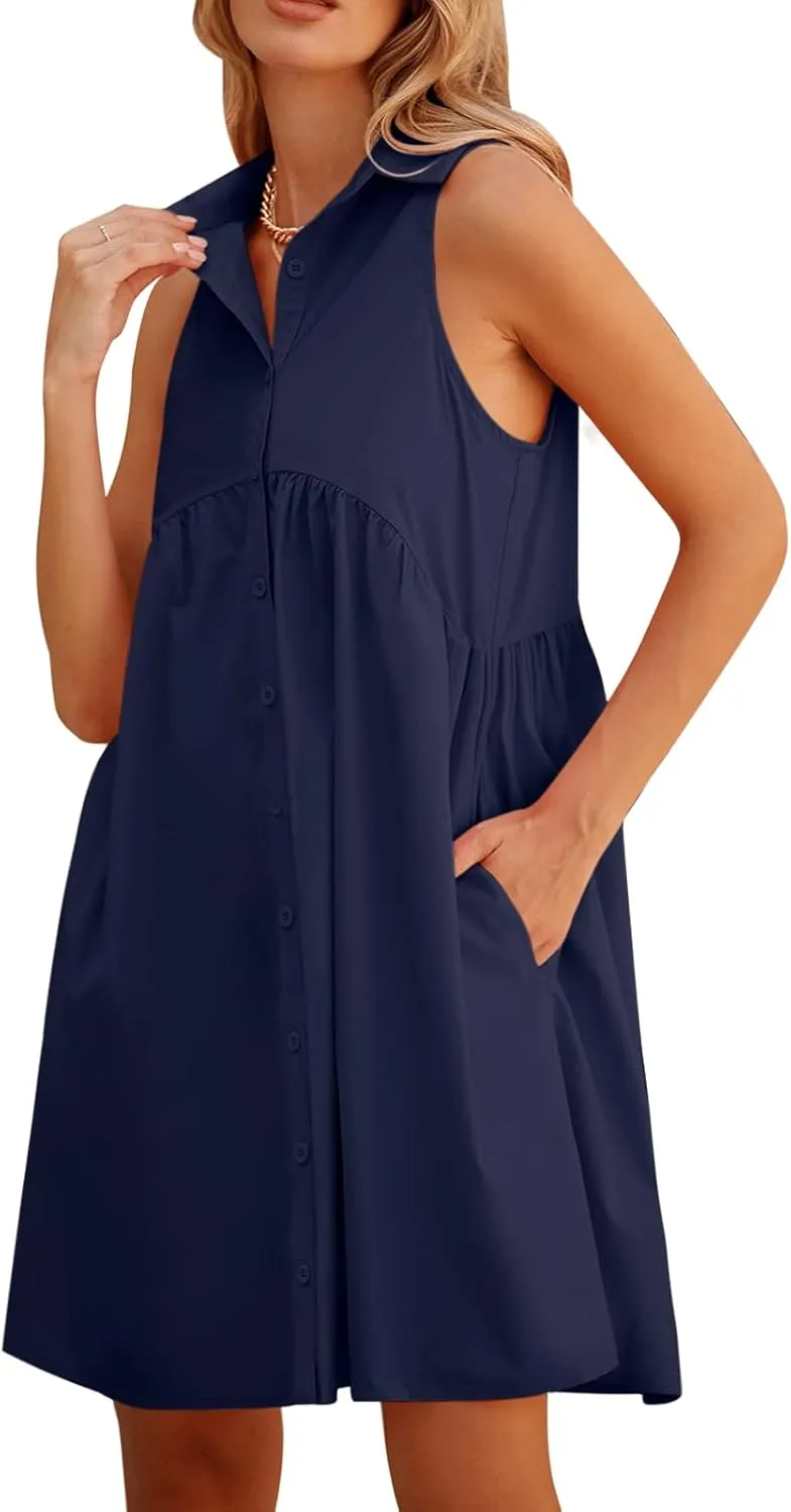 DEEP SELF Women Summer Collared Shirt Dress Casual Loose Button Down Short Dress V Neck Tunic Mini Dress with Pockets