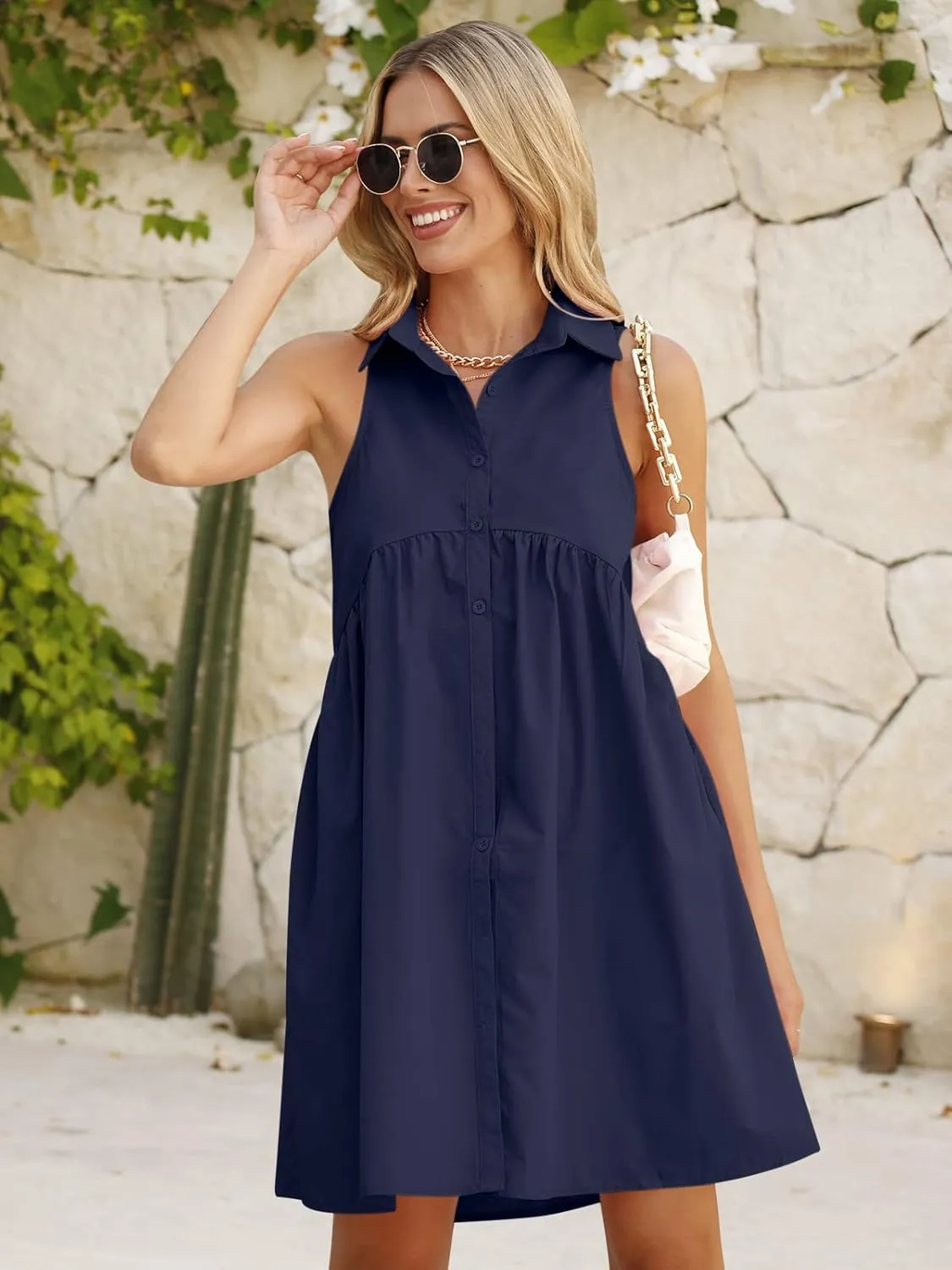 DEEP SELF Women Summer Collared Shirt Dress Casual Loose Button Down Short Dress V Neck Tunic Mini Dress with Pockets