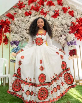 Flattering Red Ethiopian Traditional Dress: Wide Dazzling Ornaments Habesha Dress Beautiful Ethiopian Wedding Dress