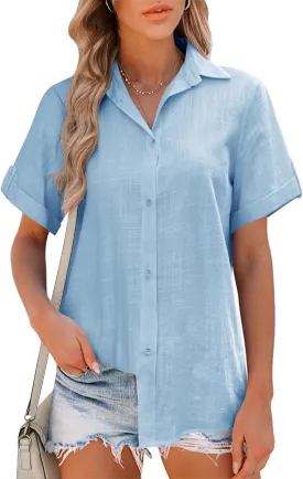 HOTOUCH Button Down Shirt Women Cotton Short Sleeve Blouses V Neck Collared Button Up Summer Beach Tops