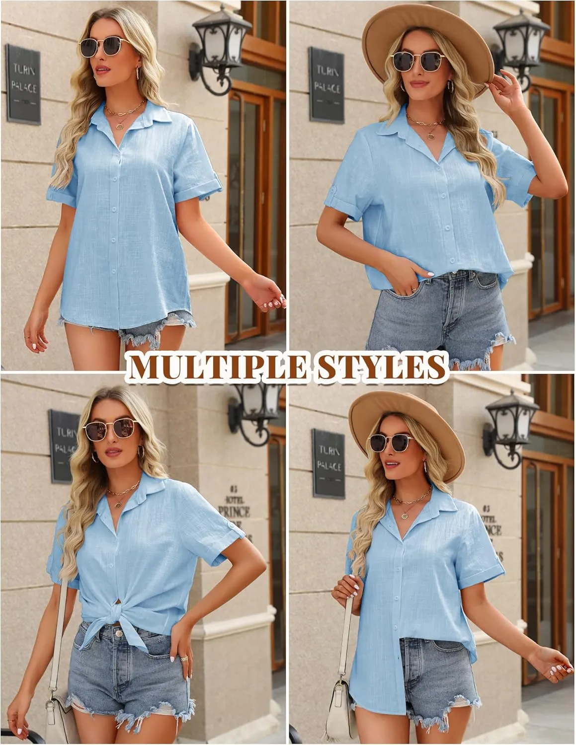 HOTOUCH Button Down Shirt Women Cotton Short Sleeve Blouses V Neck Collared Button Up Summer Beach Tops