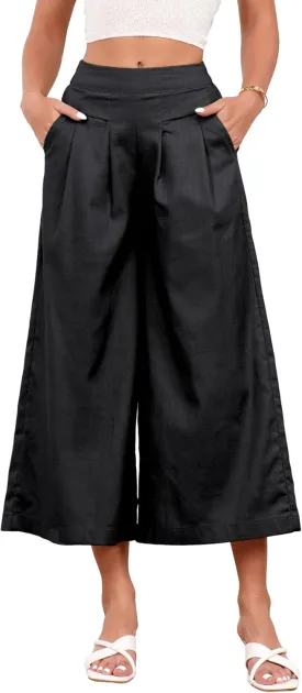 IDEALSANXUN Womens Cotton Linen Palazzo Pants Casual Wide Leg Culottes Trousers Capri Pant