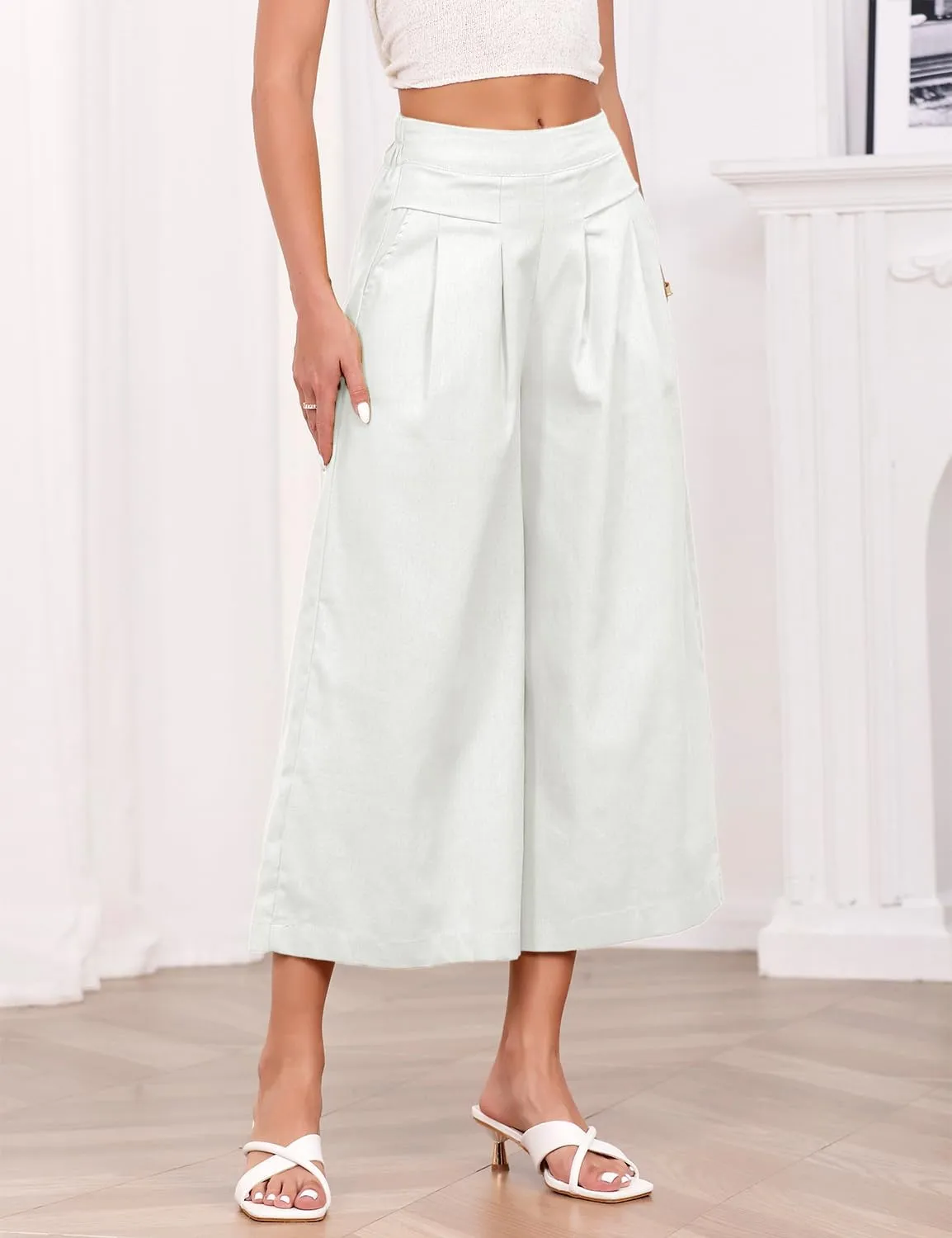 IDEALSANXUN Womens Cotton Linen Palazzo Pants Casual Wide Leg Culottes Trousers Capri Pant