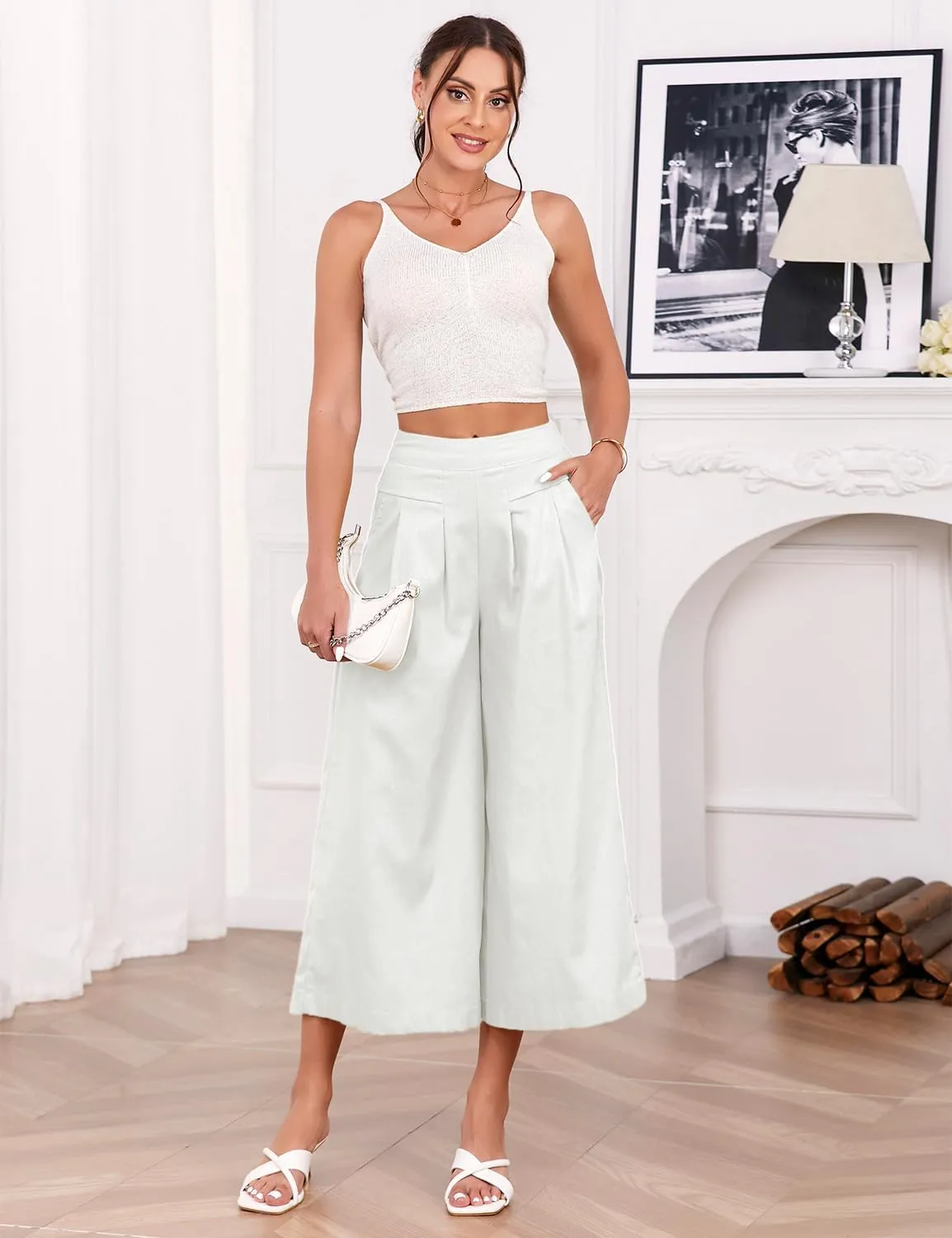 IDEALSANXUN Womens Cotton Linen Palazzo Pants Casual Wide Leg Culottes Trousers Capri Pant