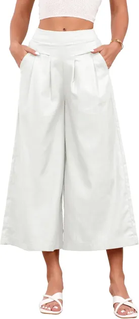 IDEALSANXUN Womens Cotton Linen Palazzo Pants Casual Wide Leg Culottes Trousers Capri Pant