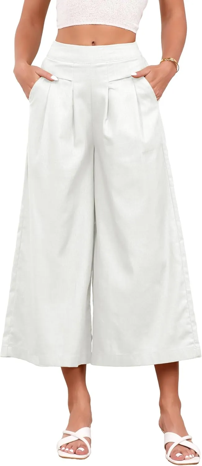 IDEALSANXUN Womens Cotton Linen Palazzo Pants Casual Wide Leg Culottes Trousers Capri Pant