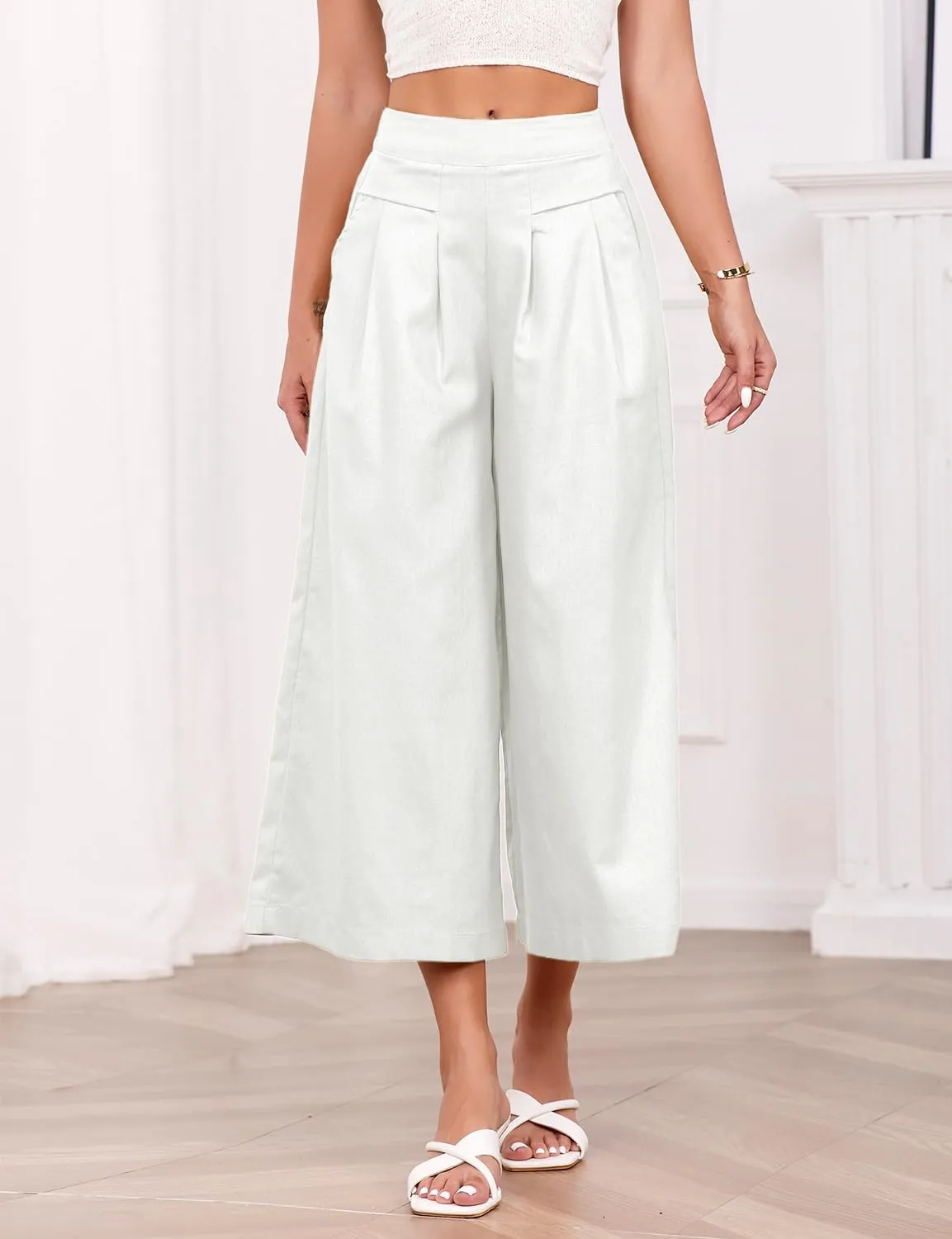 IDEALSANXUN Womens Cotton Linen Palazzo Pants Casual Wide Leg Culottes Trousers Capri Pant