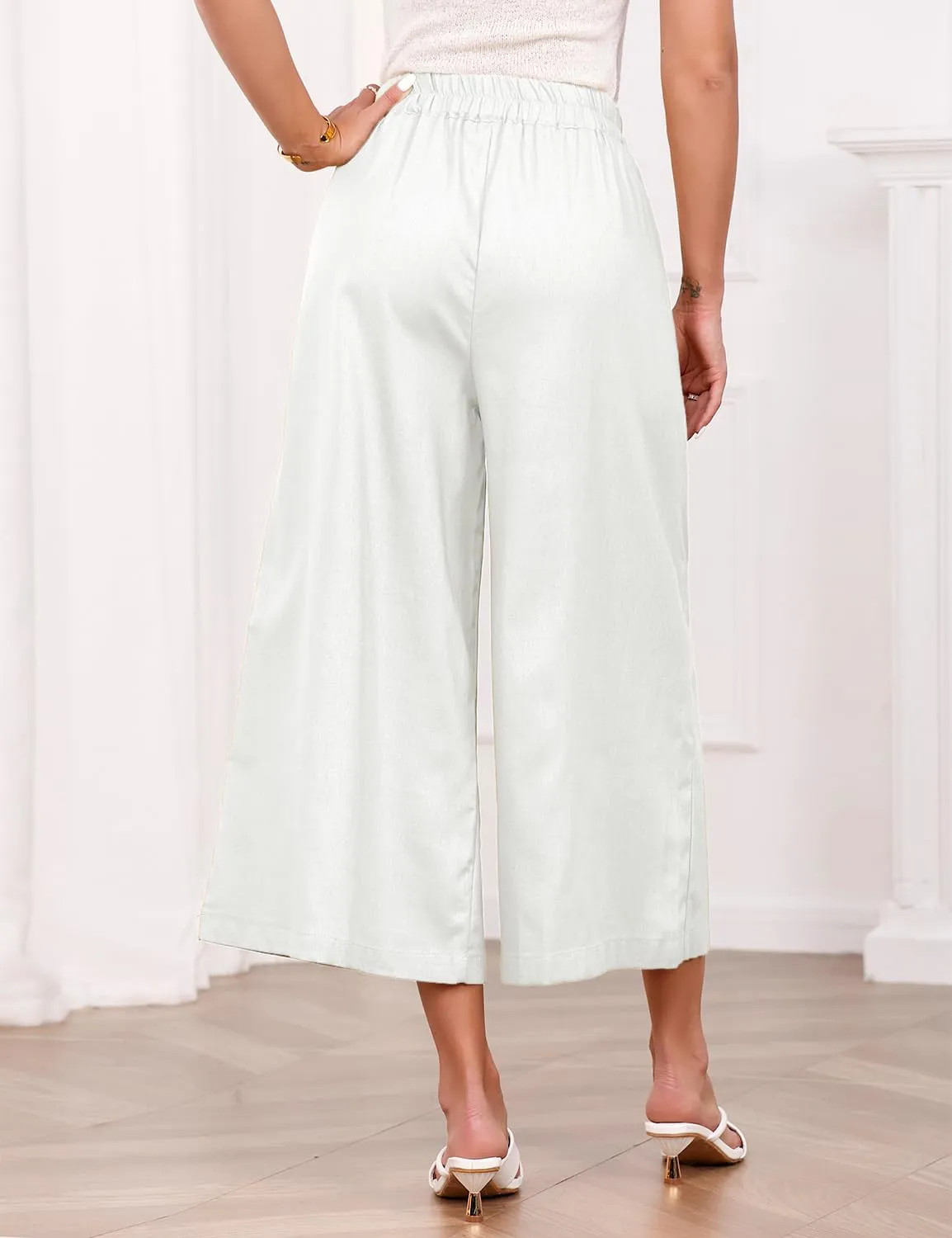 IDEALSANXUN Womens Cotton Linen Palazzo Pants Casual Wide Leg Culottes Trousers Capri Pant