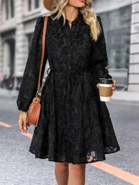 Jacquard Tiered Button Flounce Sleeve Belted Dress