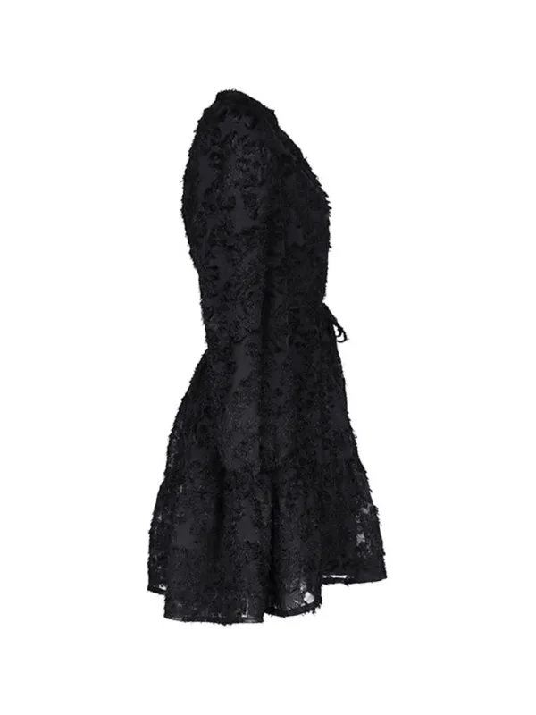 Jacquard Tiered Button Flounce Sleeve Belted Dress