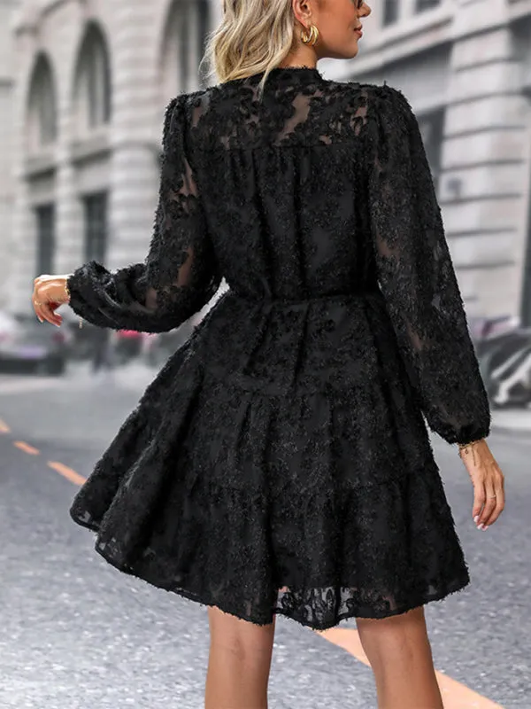 Jacquard Tiered Button Flounce Sleeve Belted Dress