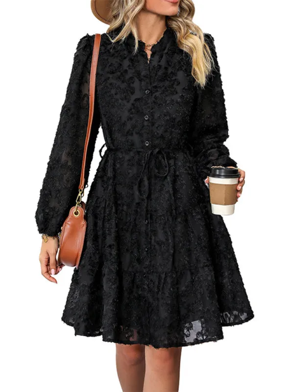 Jacquard Tiered Button Flounce Sleeve Belted Dress