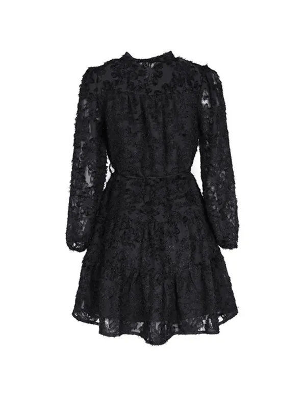 Jacquard Tiered Button Flounce Sleeve Belted Dress
