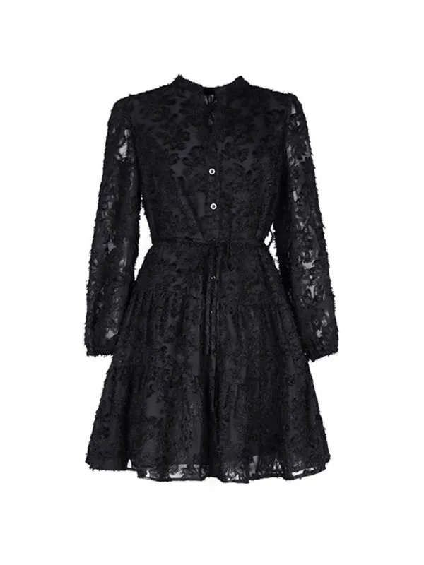 Jacquard Tiered Button Flounce Sleeve Belted Dress