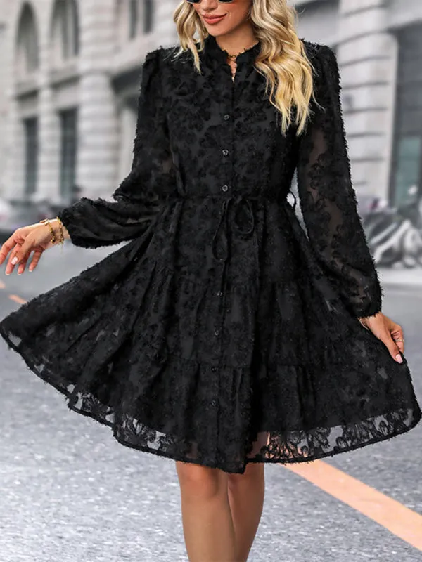 Jacquard Tiered Button Flounce Sleeve Belted Dress